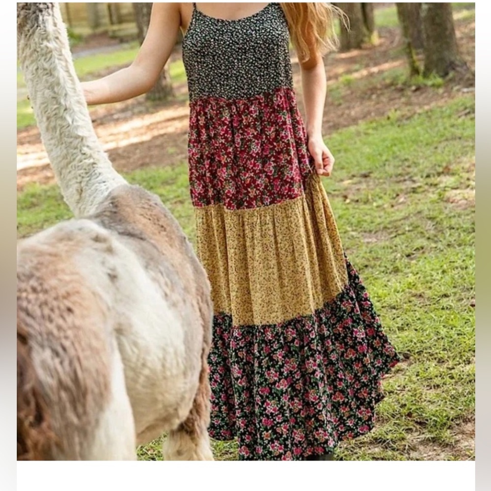 NATURAL LIFE Black, Burgundy, Mustard, and Floral Tiered Maxi Dress